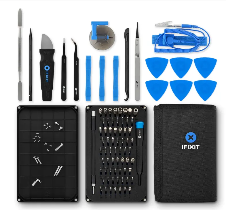 Complete DIY iPhone repair kit with screwdrivers, pry tools, suction cups, and opening picks.