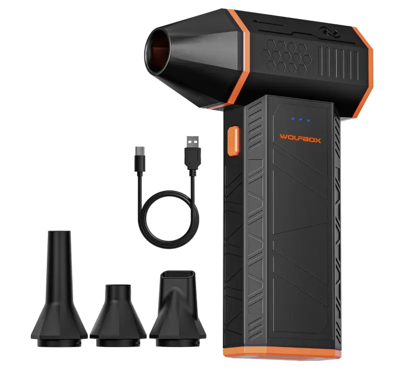 Electronic air duster for blowing dust out of laptop vents and cooling fans.