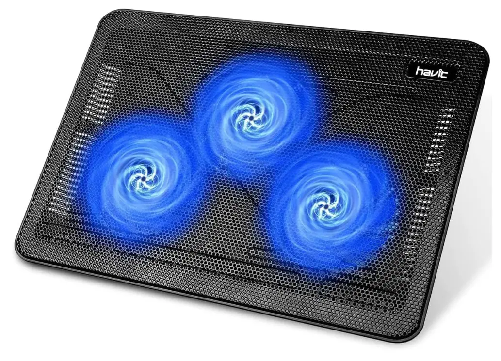 Dual laptop cooling fans designed to improve airflow and reduce laptop heat
