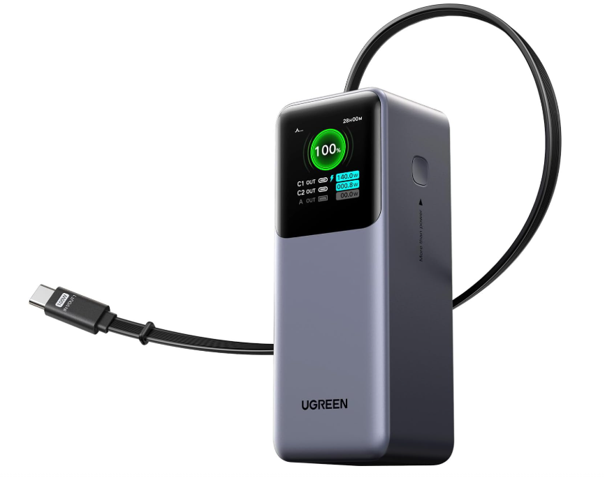 Portable power bank with built-in charging cables for multiple devices.